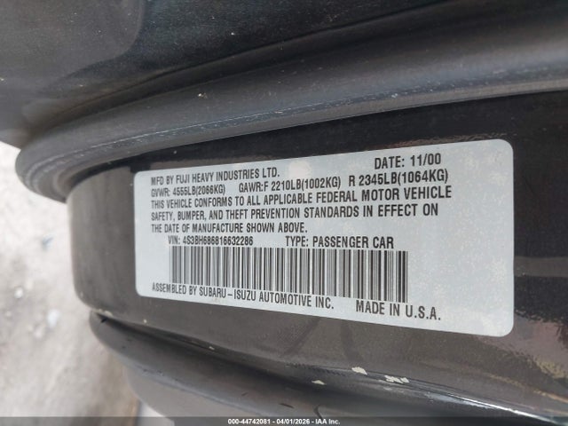 44742081 :رقم المزاد ، 4S3BH686816632286 vin ، 2001 Subaru Outback Limited مزاد بيع