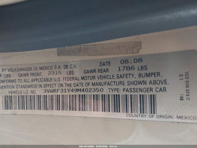 2009 Volkswagen New Beetle 2.5l მანქანა იყიდება აუქციონზე, vin: 3VWRF31Y49M402350, აუქციონის ნომერი: 44742098