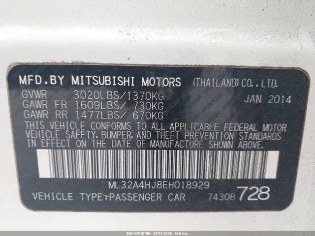 Продаж на аукціоні авто 2014 Mitsubishi Mirage Es, vin: ML32A4HJ8EH018929, номер лоту: 44742106