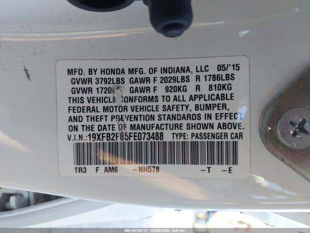 44742117 :رقم المزاد ، 19XFB2F85FE073488 vin ، 2015 Honda Civic Ex مزاد بيع