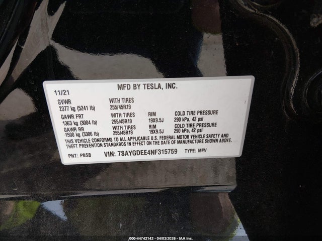2022 Tesla Model Y Long Range Dual Motor All-wheel Drive მანქანა იყიდება აუქციონზე, vin: 7SAYGDEE4NF315759, აუქციონის ნომერი: 44742142