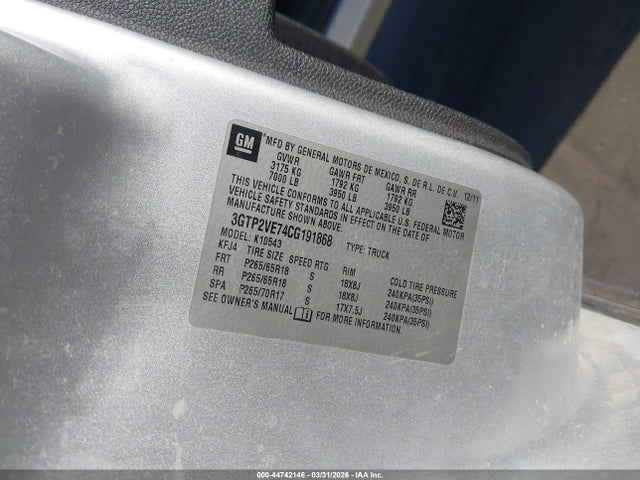 Продаж на аукціоні авто 2012 Gmc Sierra 1500 Sle, vin: 3GTP2VE74CG191868, номер лоту: 44742146