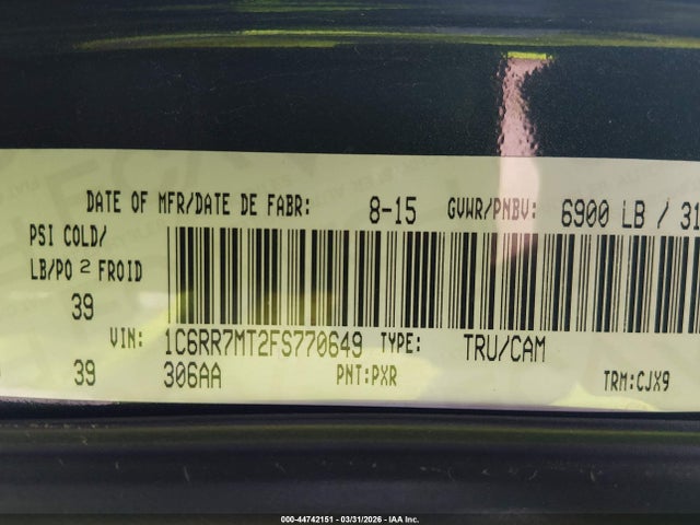 44742151 :رقم المزاد ، 1C6RR7MT2FS770649 vin ، 2015 Ram 1500 Sport مزاد بيع