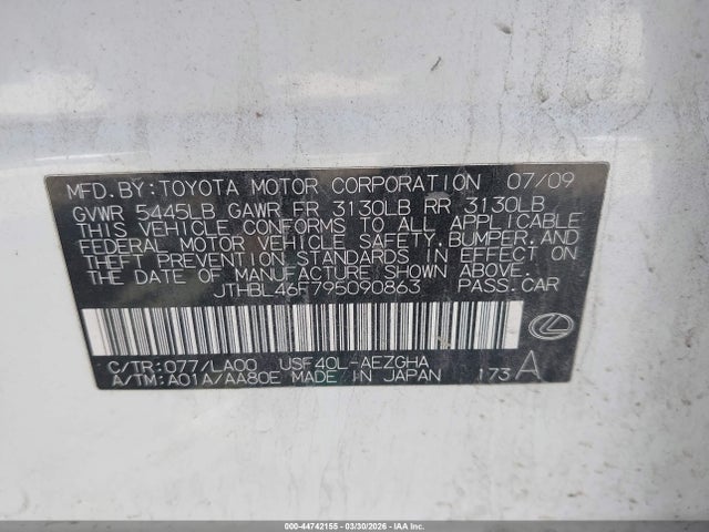 Продаж на аукціоні авто 2009 Lexus Ls 460, vin: JTHBL46F795090863, номер лоту: 44742155