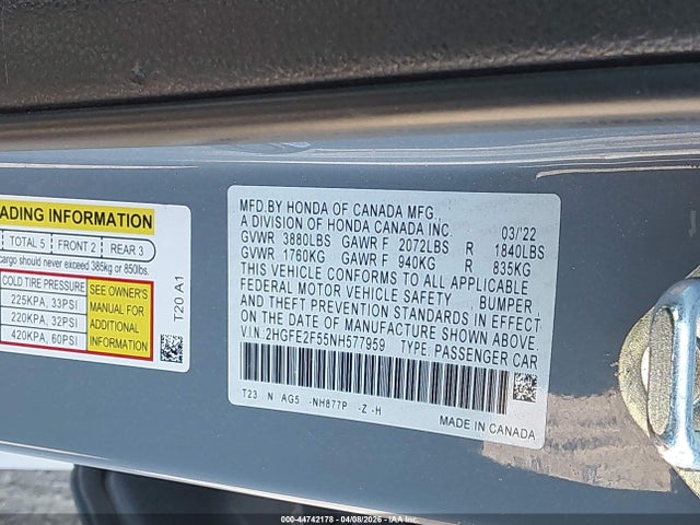 Продажа на аукционе авто 2022 Honda Civic Sport, vin: 2HGFE2F55NH577959, номер лота: 44742178