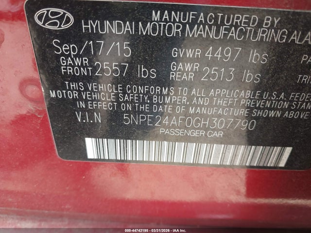 44742195 :رقم المزاد ، 5NPE24AF0GH307790 vin ، 2016 Hyundai Sonata Se مزاد بيع
