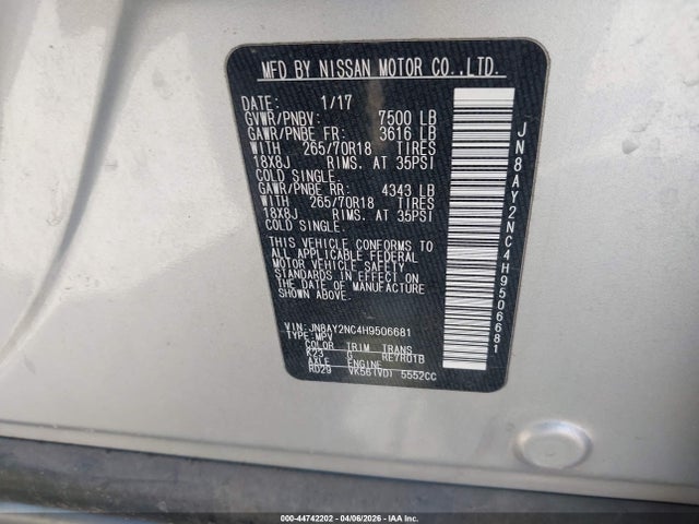 Aukcja sprzedaży 2017 Nissan Armada Sv, vin: JN8AY2NC4H9506681, numer aukcji: 44742202