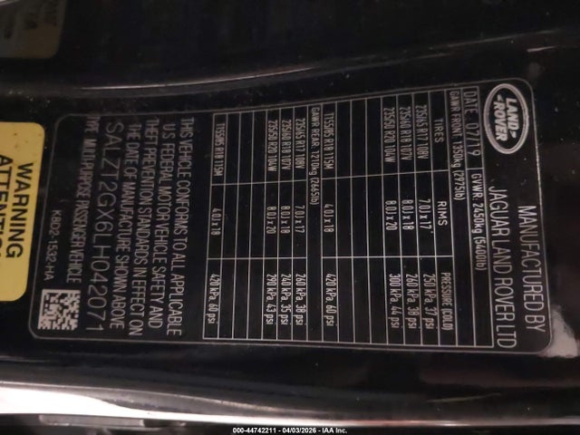 2020 Land Rover Range Rover Evoque R-dynamic S მანქანა იყიდება აუქციონზე, vin: SALZT2GX6LH042071, აუქციონის ნომერი: 44742211