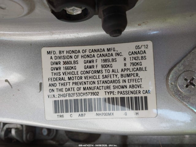 Aukcja sprzedaży 2012 Honda Civic Lx, vin: 2HGFB2F53CH573902, numer aukcji: 44742214