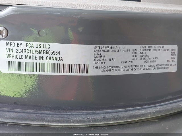 2021 Chrysler Pacifica Hybrid Touring L მანქანა იყიდება აუქციონზე, vin: 2C4RC1L75MR605964, აუქციონის ნომერი: 44742216
