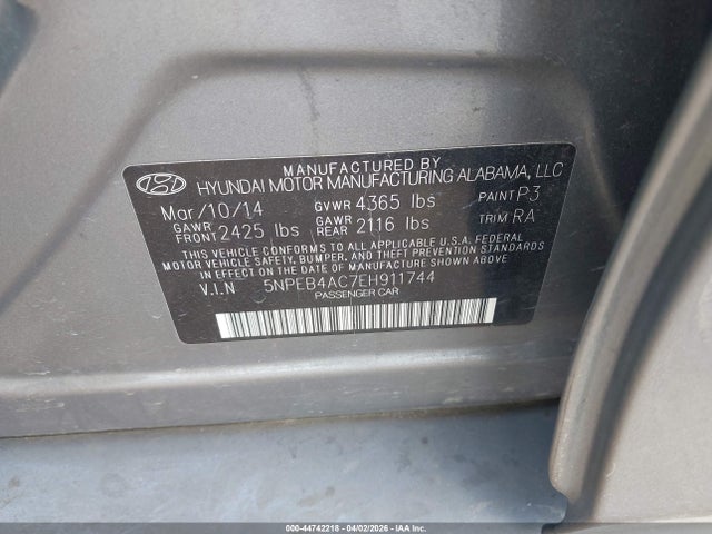Aukcja sprzedaży 2014 Hyundai Sonata Gls, vin: 5NPEB4AC7EH911744, numer aukcji: 44742218