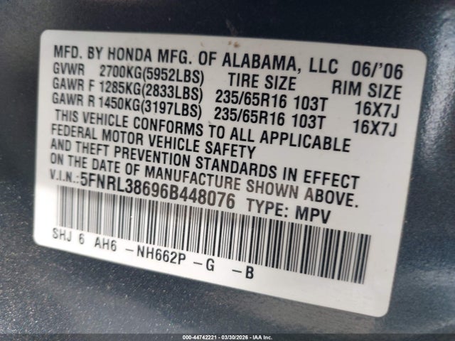2006 Honda Odyssey Ex-l მანქანა იყიდება აუქციონზე, vin: 5FNRL38696B448076, აუქციონის ნომერი: 44742221