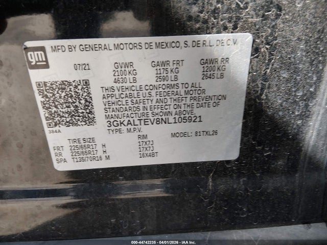 2022 Gmc Terrain Awd Sle მანქანა იყიდება აუქციონზე, vin: 3GKALTEV8NL105921, აუქციონის ნომერი: 44742235