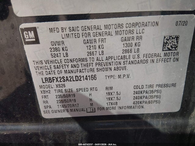 Продажа на аукционе авто 2020 Buick Envision Awd Essence, vin: LRBFX2SA2LD214166, номер лота: 44742237