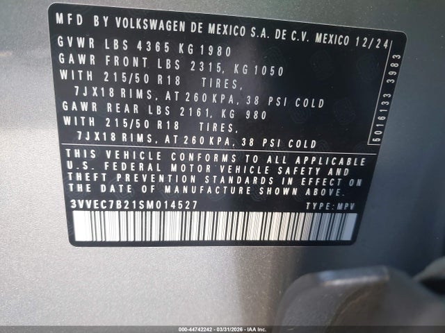 Aukcja sprzedaży 2025 Volkswagen Taos 1.5t Se, vin: 3VVEC7B21SM014527, numer aukcji: 44742242