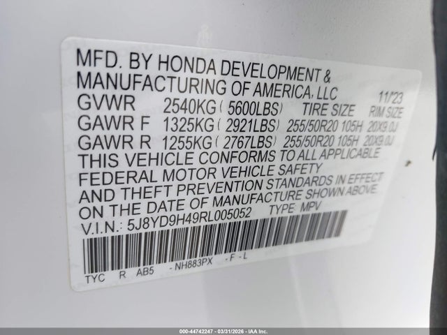 Auction sale of the 2024 Acura Mdx Technology Package, vin: 5J8YD9H49RL005052, lot number: 44742247