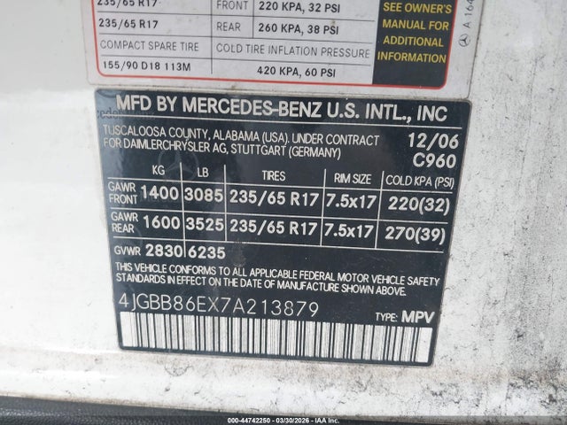 44742250 :رقم المزاد ، 4JGBB86EX7A213879 vin ، 2007 Mercedes-benz Ml 350 4matic مزاد بيع