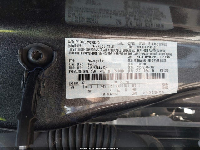 44742263 :رقم المزاد ، 1FADP3F2XJL311299 vin ، 2018 Ford Focus Se مزاد بيع
