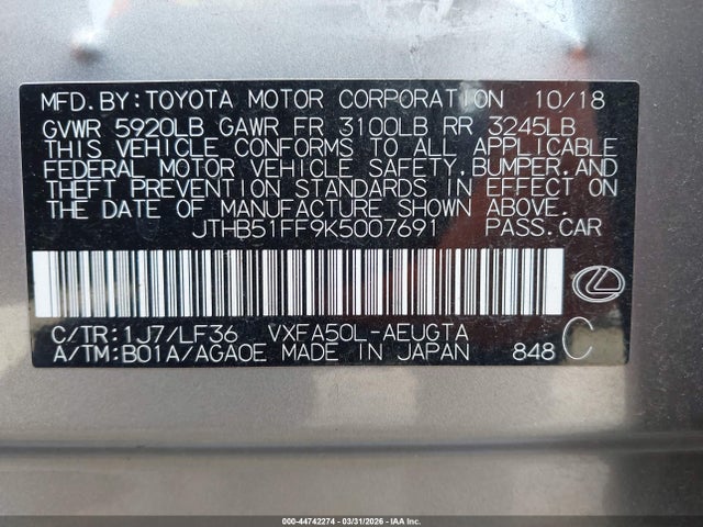 Aukcja sprzedaży 2019 Lexus Ls 500 F Sport, vin: JTHB51FF9K5007691, numer aukcji: 44742274