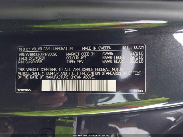 YV4BR00K4N1780020 Volvo Xc90 Recharge Plug-in Hybrid T8 Inscription Expression 6 Passenger