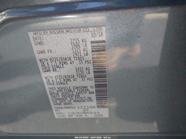 44742282 :رقم المزاد ، 5N1DL0MN0KC522106 vin ، 2019 Infiniti Qx60 Luxe مزاد بيع
