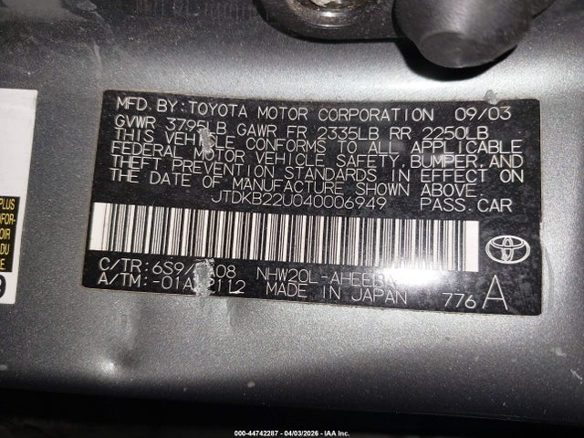 Продажа на аукционе авто 2004 Toyota Prius, vin: JTDKB22U040006949, номер лота: 44742287