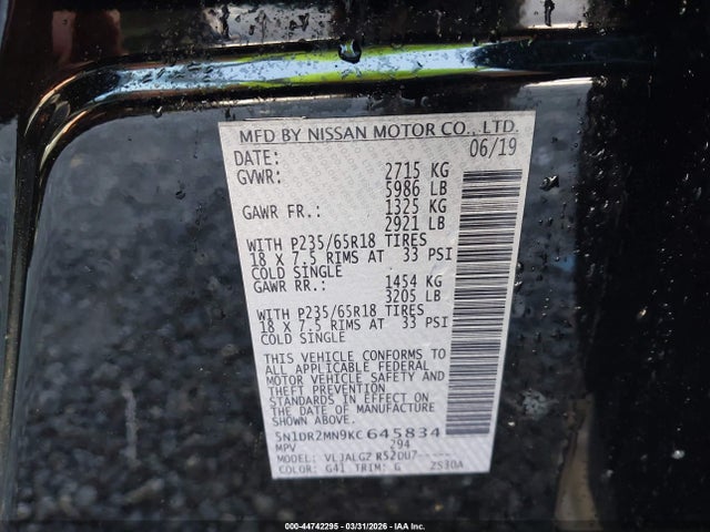 Продажа на аукционе авто 2019 Nissan Pathfinder Sl, vin: 5N1DR2MN9KC645834, номер лота: 44742295