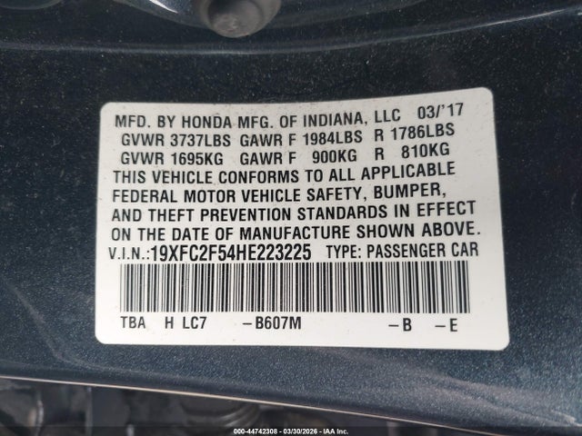 2017 Honda Civic Lx მანქანა იყიდება აუქციონზე, vin: 19XFC2F54HE223225, აუქციონის ნომერი: 44742308