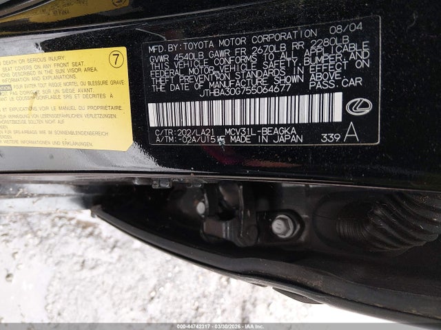 Продаж на аукціоні авто 2005 Lexus Es 330, vin: JTHBA30G755064677, номер лоту: 44742317