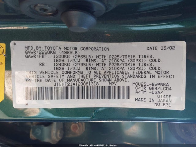 2002 TOYOTA HIGHLANDER JTEHF21A120081318 Photo 8