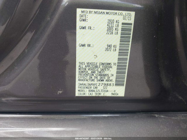 Продажа на аукционе авто 2015 Nissan Altima 2.5 Sv, vin: 1N4AL3APXFC279883, номер лота: 44742387