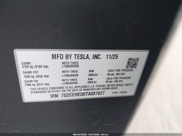 2026 Tesla Cybertruck Premium All-wheel Drive მანქანა იყიდება აუქციონზე, vin: 7G2CEHED0TA087827, აუქციონის ნომერი: 44742392
