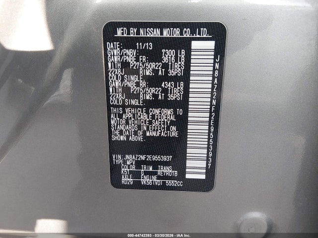 44742393 :رقم المزاد ، JN8AZ2NF2E9553937 vin ، 2014 Infiniti Qx80 مزاد بيع