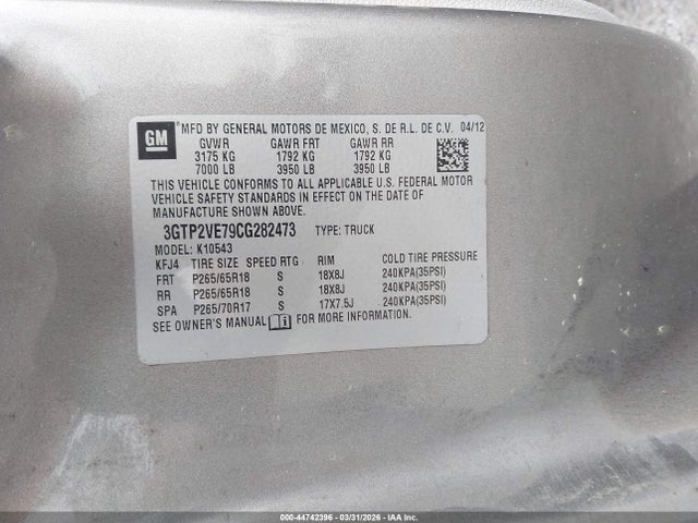 Aukcja sprzedaży 2012 Gmc Sierra 1500 Sle, vin: 3GTP2VE79CG282473, numer aukcji: 44742396