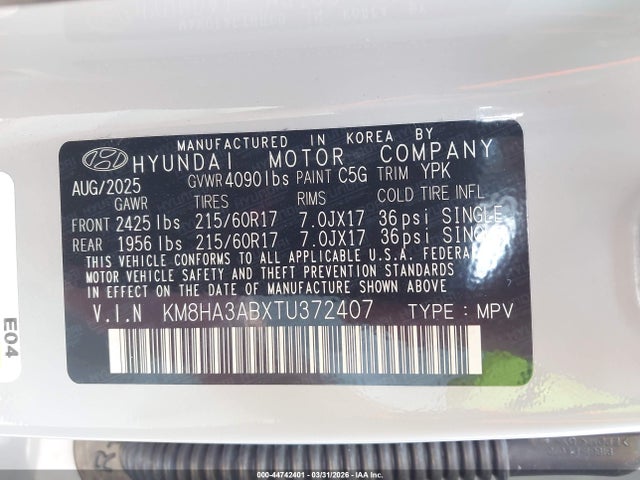 44742401 :رقم المزاد ، KM8HA3ABXTU372407 vin ، 2026 Hyundai Kona Se مزاد بيع