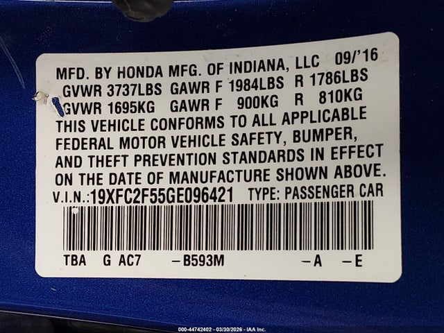 Honda Civic Lx 2016 19XFC2F55GE096421 Image 9