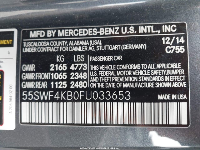 44742408 :رقم المزاد ، 55SWF4KB0FU033653 vin ، 2015 Mercedes-benz C 300 Luxury 4matic مزاد بيع