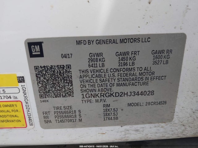 2017 Chevrolet Traverse 1lt მანქანა იყიდება აუქციონზე, vin: 1GNKRGKD2HJ344028, აუქციონის ნომერი: 44742415