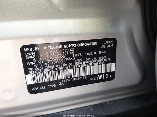 44742426 :رقم المزاد ، JA4J3VA86SZ015916 vin ، 2025 Mitsubishi Outlander Se 2.5 2wd مزاد بيع