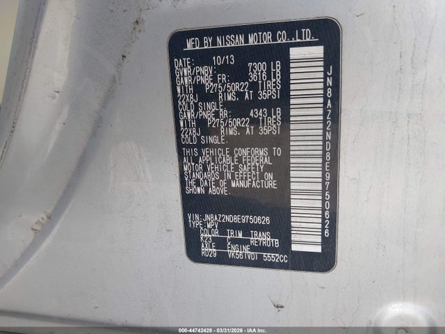 Auction sale of the 2014 Infiniti Qx80, vin: JN8AZ2ND8E9750626, lot number: 44742428
