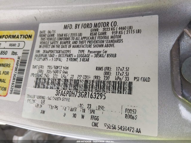 Aukcja sprzedaży 2016 Ford Fusion Se, vin: 3FA6P0H73GR163295, numer aukcji: 44742439
