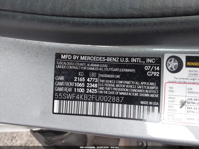 Продаж на аукціоні авто 2015 Mercedes-benz C 300 Sport 4matic, vin: 55SWF4KB2FU002887, номер лоту: 44742446