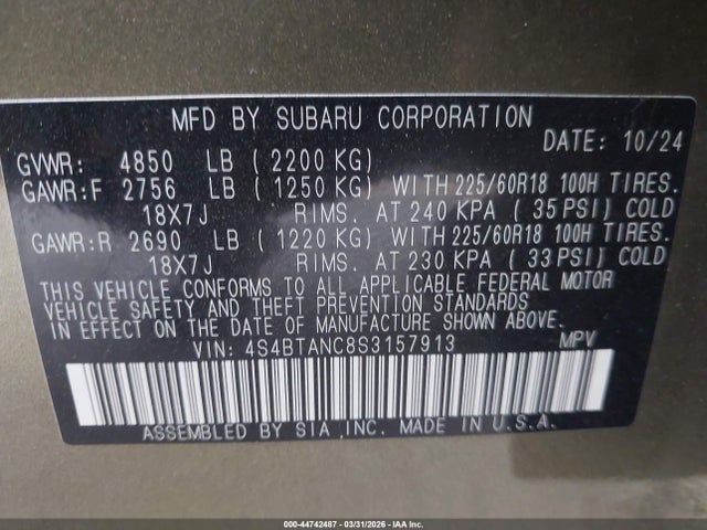 2025 Subaru Outback Limited მანქანა იყიდება აუქციონზე, vin: 4S4BTANC8S3157913, აუქციონის ნომერი: 44742487