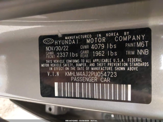 Aukcja sprzedaży 2023 Hyundai Elantra Hybrid Blue, vin: KMHLM4AJ2PU054723, numer aukcji: 44742492