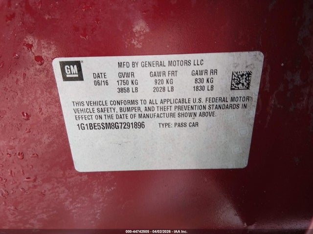 1G1BE5SM8G7291896 Chevrolet Cruze Lt Auto