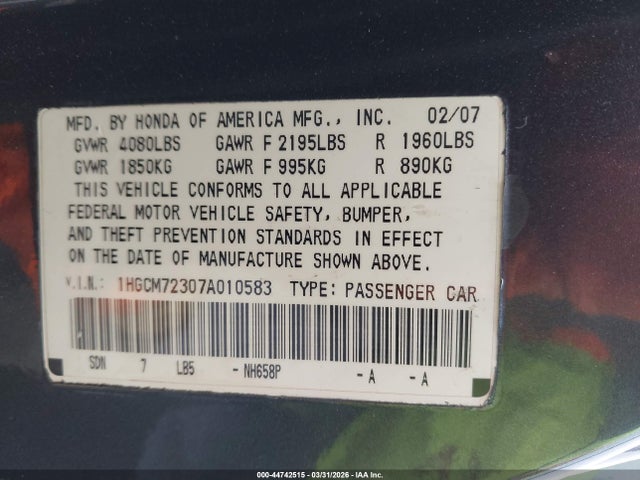 Продаж на аукціоні авто 2007 Honda Accord 2.4 Lx, vin: 1HGCM72307A010583, номер лоту: 44742515