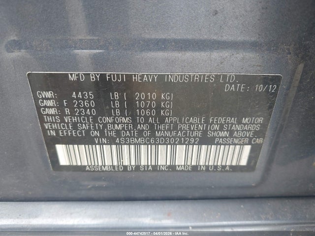44742517 :رقم المزاد ، 4S3BMBC63D3021292 vin ، 2013 Subaru Legacy 2.5i Premium مزاد بيع