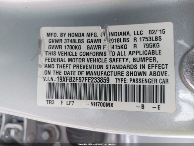 Продаж на аукціоні авто 2015 Honda Civic Lx, vin: 19XFB2F57FE233859, номер лоту: 44742520
