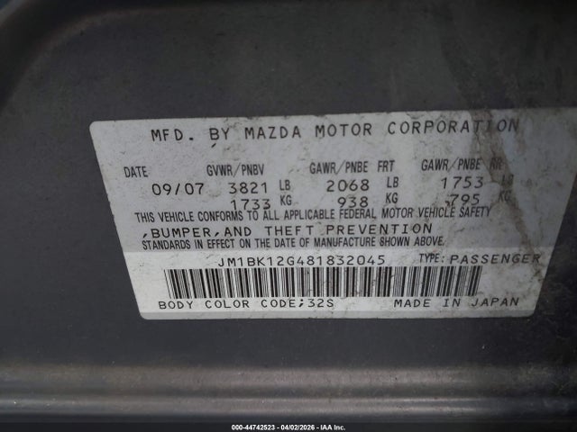 Aukcja sprzedaży 2008 Mazda Mazda3 I, vin: JM1BK12G481832045, numer aukcji: 44742523