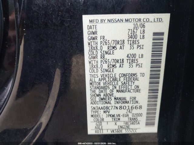 44742533 :رقم المزاد ، 5N3AA08C77N801668 vin ، 2007 Infiniti Qx56 مزاد بيع